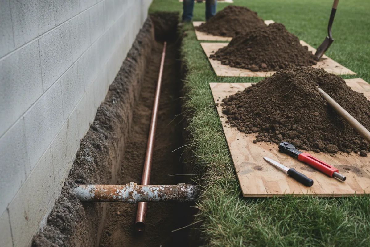 Excavated water line trench during Water Softener Installation in Lookout Mountain
